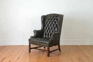 Tufted Green Leather Wing Chair