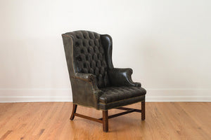 Tufted Green Leather Wing Chair