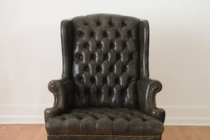 Tufted Green Leather Wing Chair