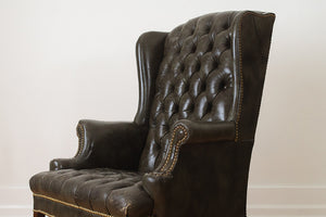 Tufted Green Leather Wing Chair