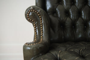 Tufted Green Leather Wing Chair