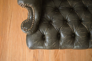 Tufted Green Leather Wing Chair