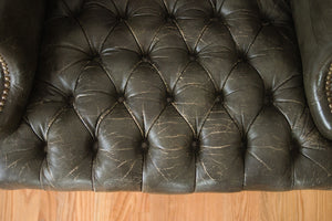 Tufted Green Leather Wing Chair